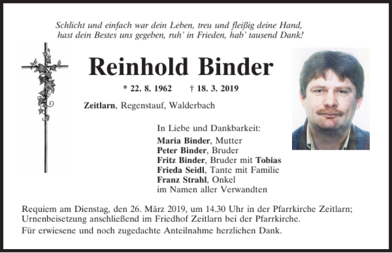  Traueranzeige für Reinhold Binder vom 23.03.2019 aus Mittelbayerische Zeitung Regensburg