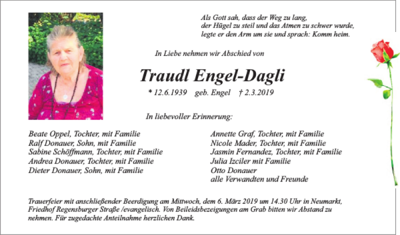  Traueranzeige für Traudl Engel-Dagli vom 05.03.2019 aus Neumarkter Tagblatt