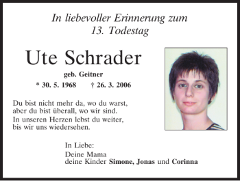 Traueranzeige von Ute Schrader von Mittelbayerische Zeitung Regensburg
