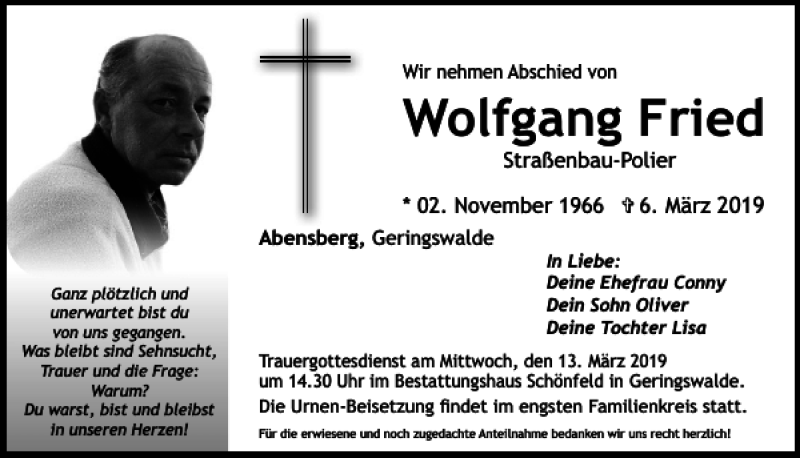 Traueranzeige für Wolfgang Fried vom 11.03.2019 aus Mittelbayerische Zeitung Kelheim