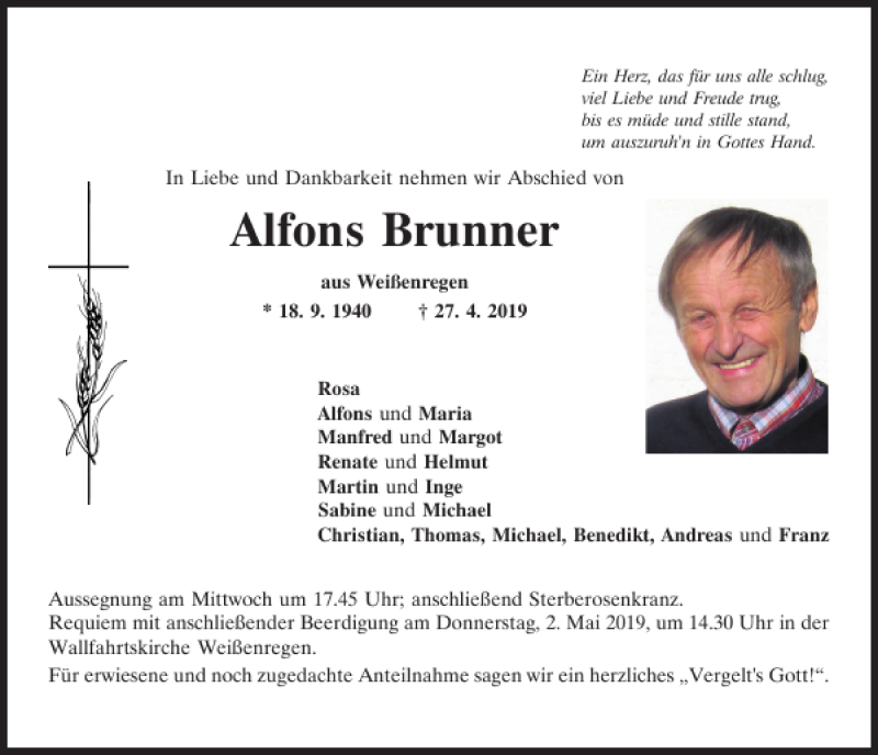 Traueranzeigen von Alfons Brunner | Mittelbayerische Trauer