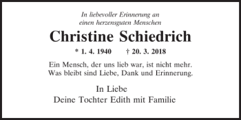 Traueranzeige von Christine Schiedrich von Mittelbayerische Zeitung Regensburg