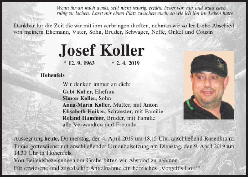  Traueranzeige für Josef Koller vom 04.04.2019 aus Neumarkter Tagblatt