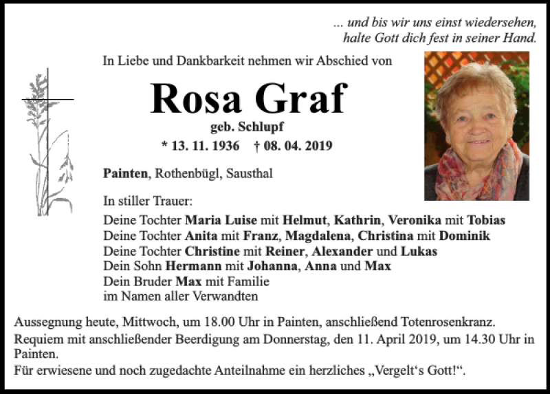  Traueranzeige für Rosa Graf vom 10.04.2019 aus Mittelbayerische Zeitung Regensburg