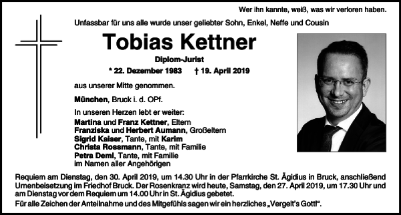 Traueranzeige für Tobias Kettner vom 27.04.2019 aus Mittelbayerische Zeitung Schwandorf