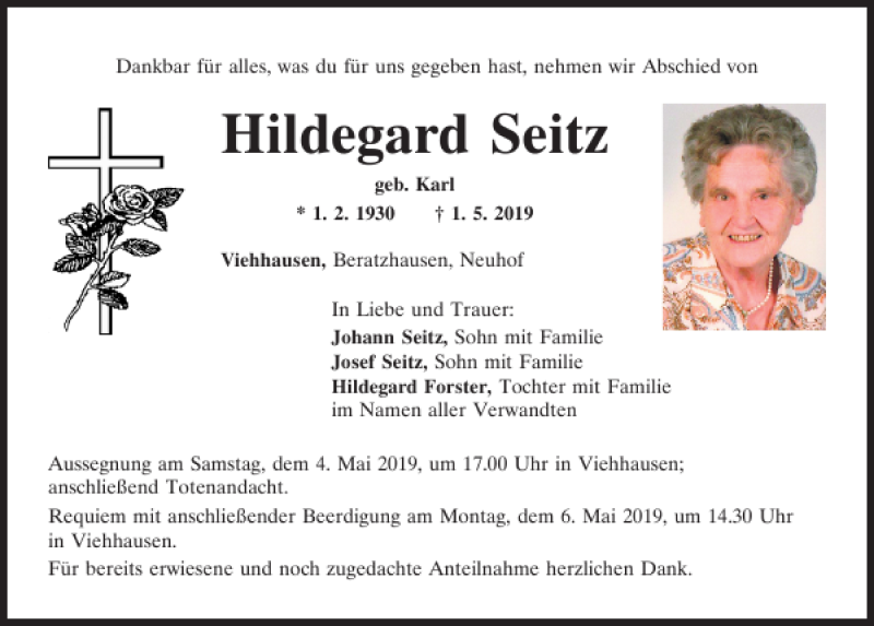  Traueranzeige für Hildegard Seitz vom 03.05.2019 aus Mittelbayerische Zeitung Regensburg