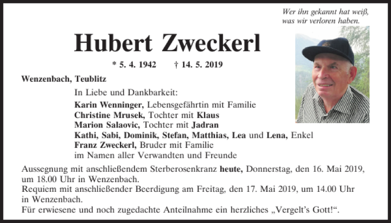 Traueranzeige für Hubert Zweckerl vom 16.05.2019 aus Mittelbayerische Zeitung Regensburg