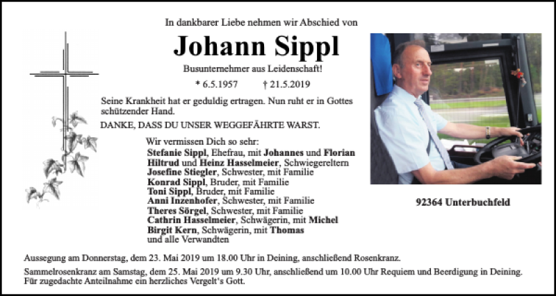  Traueranzeige für Johann Sippl vom 22.05.2019 aus Neumarkter Tagblatt