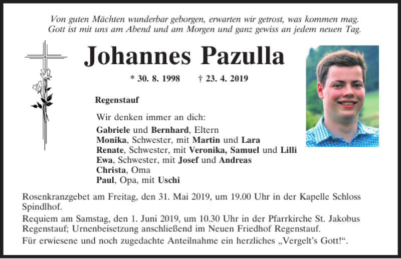  Traueranzeige für Johannes Pazulla vom 29.05.2019 aus Mittelbayerische Zeitung Regensburg