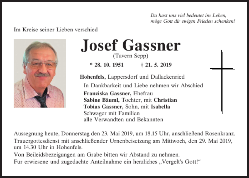  Traueranzeige für Josef Gassner vom 23.05.2019 aus Mittelbayerische Zeitung Regensburg