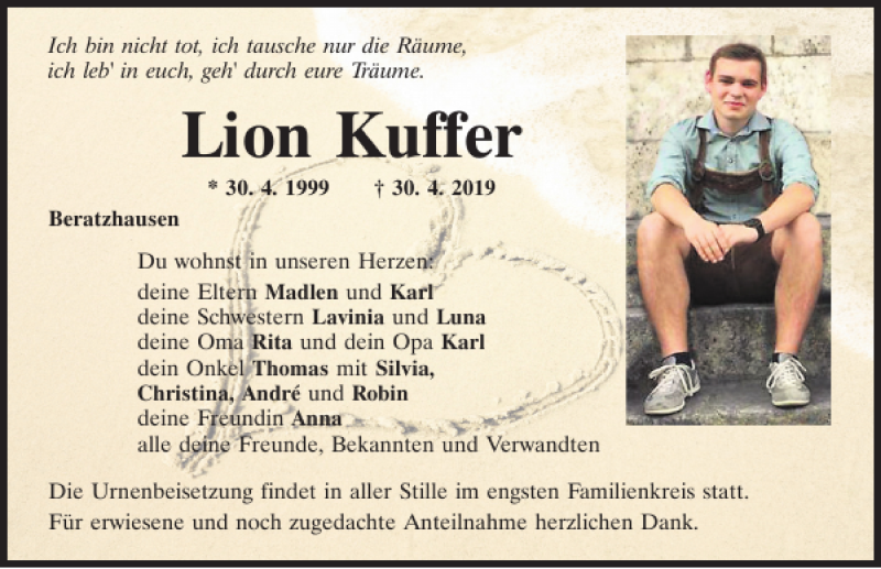 Traueranzeige für Lion Kuffer vom 03.05.2019 aus Mittelbayerische Zeitung Regensburg