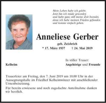 Traueranzeigen von Anneliese Gerber | Mittelbayerische Trauer