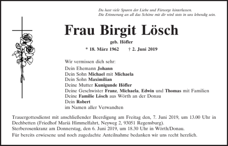  Traueranzeige für Birgit Lösch vom 05.06.2019 aus Mittelbayerische Zeitung Regensburg