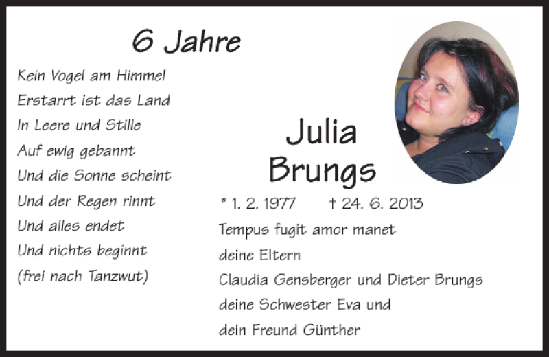  Traueranzeige für Julia Brungs vom 24.06.2019 aus Mittelbayerische Zeitung Regensburg