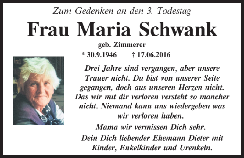  Traueranzeige für Maria Schwank vom 17.06.2019 aus Bayerwald Echo