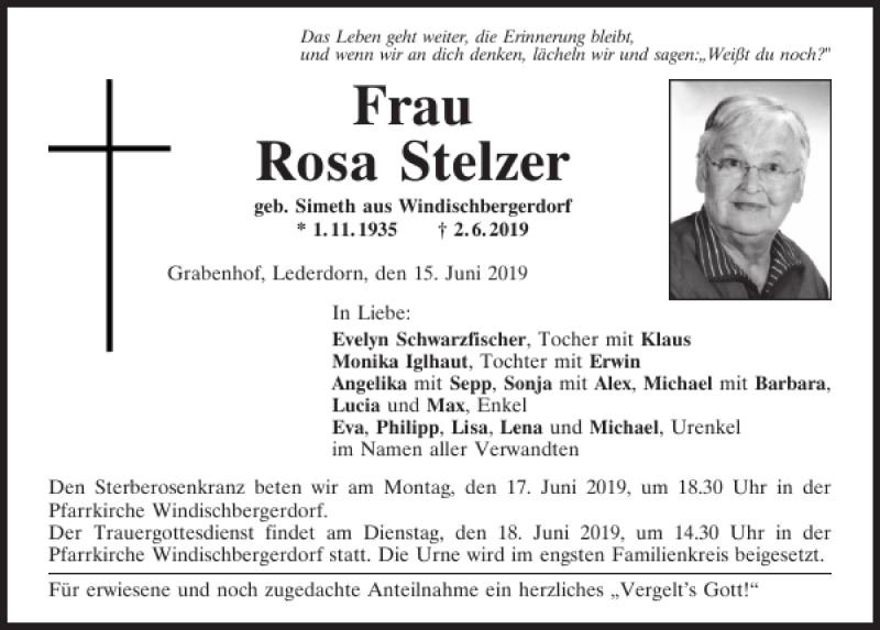 Traueranzeigen von Rosa Stelzer | Mittelbayerische Trauer