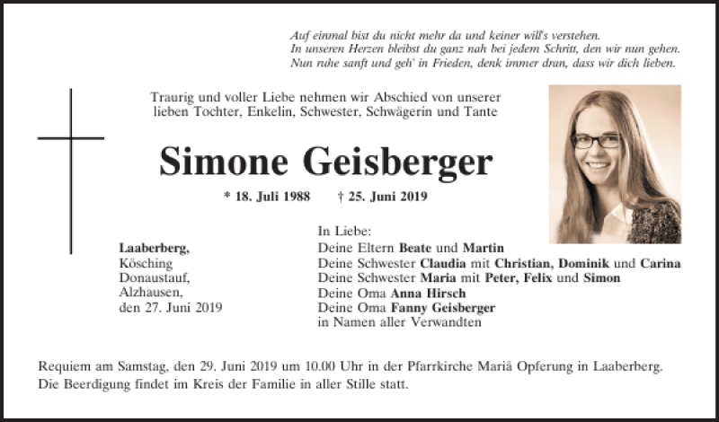 Traueranzeige für Simone Geisberger vom 27.06.2019 aus Mittelbayerische Zeitung Kelheim