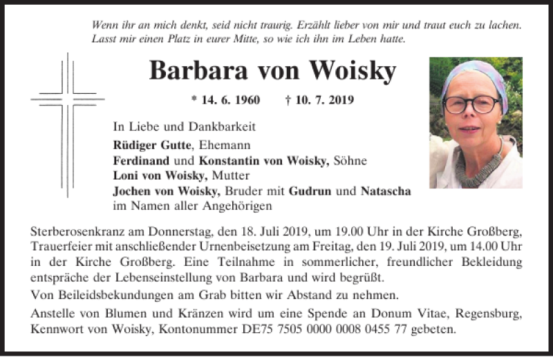  Traueranzeige für Barbara von Woisky vom 16.07.2019 aus Mittelbayerische Zeitung Regensburg