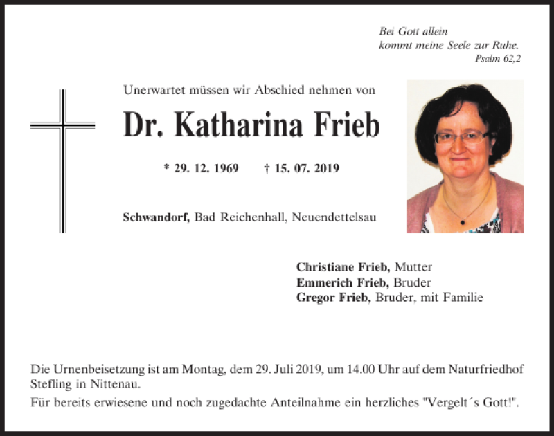  Traueranzeige für Dr. Katharina Frieb vom 24.07.2019 aus Mittelbayerische Zeitung Schwandorf