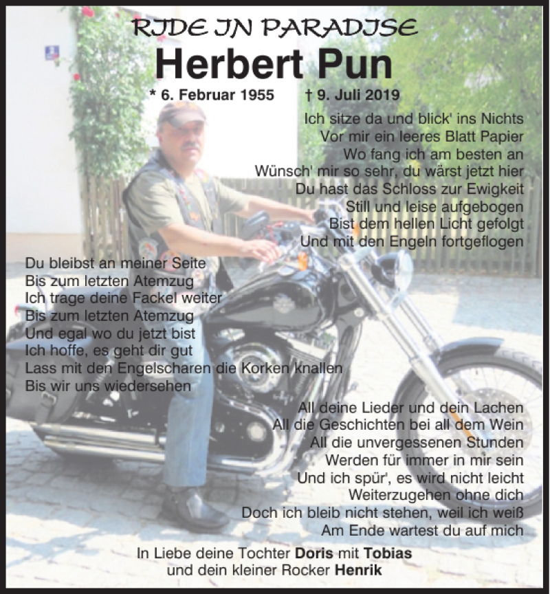  Traueranzeige für Herbert Pun vom 16.07.2019 aus Bayerwald Echo