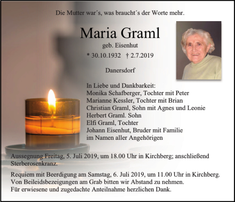  Traueranzeige für Maria Graml vom 04.07.2019 aus Mittelbayerische Zeitung Regensburg