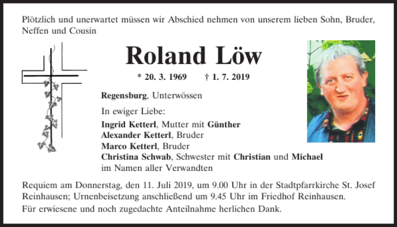  Traueranzeige für Roland Löw vom 06.07.2019 aus Mittelbayerische Zeitung Regensburg