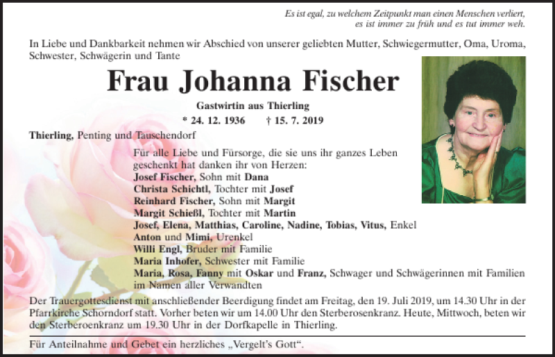  Traueranzeige für Thierling Johanna Fischer vom 17.07.2019 aus Bayerwald Echo