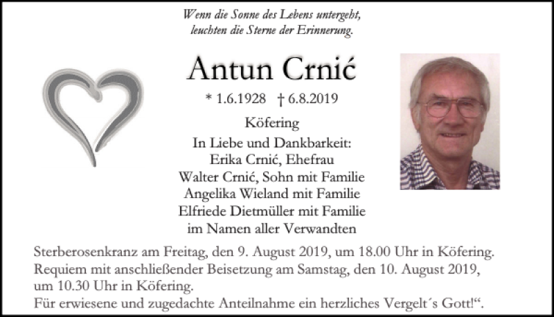  Traueranzeige für Antun Crnic vom 08.08.2019 aus Mittelbayerische Zeitung Regensburg