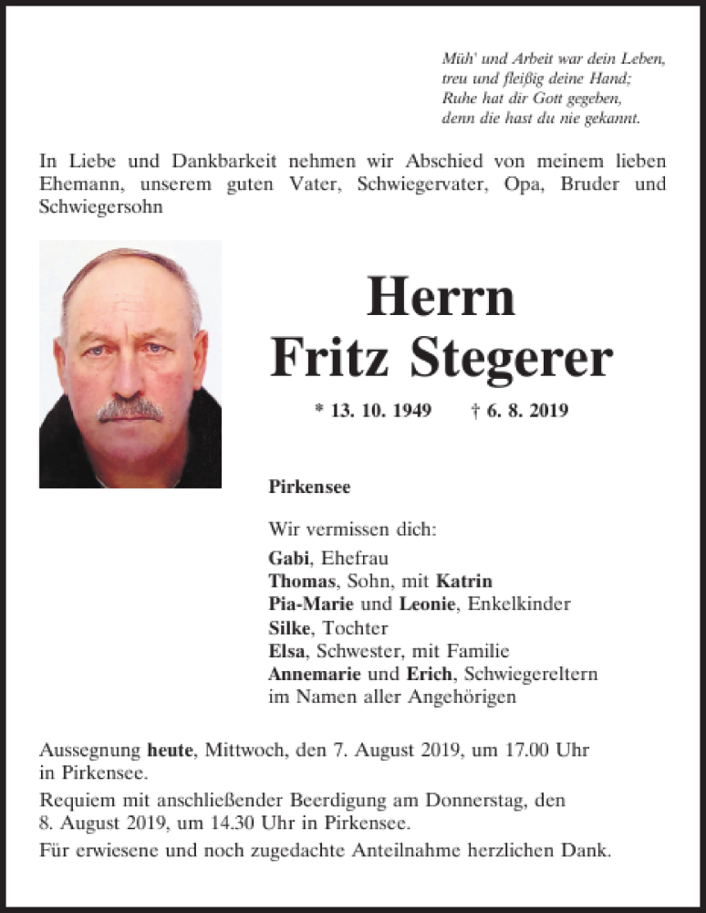  Traueranzeige für Fritz Stegerer vom 07.08.2019 aus Mittelbayerische Zeitung Schwandorf