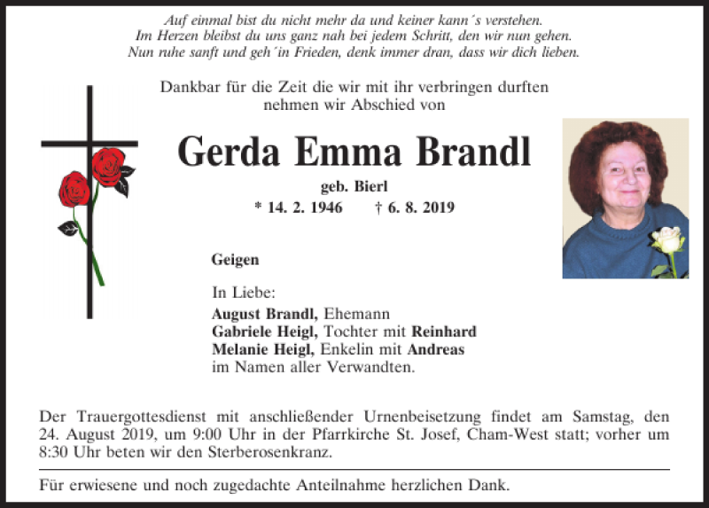  Traueranzeige für Gerda Emma Brandl vom 21.08.2019 aus Bayerwald Echo