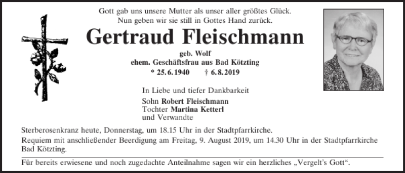  Traueranzeige für Gertraud Fleischmann vom 08.08.2019 aus Bayerwald Echo