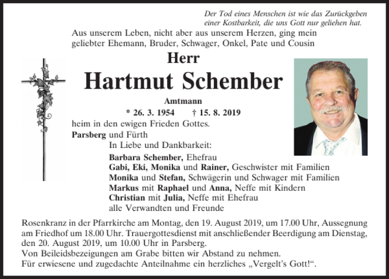  Traueranzeige für Hartmut Schember vom 17.08.2019 aus Neumarkter Tagblatt