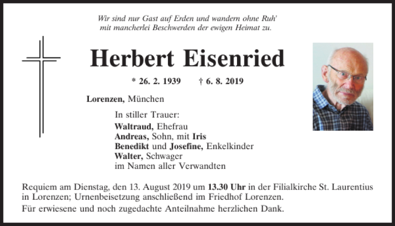  Traueranzeige für Herbert Eisenried vom 10.08.2019 aus Mittelbayerische Zeitung Regensburg