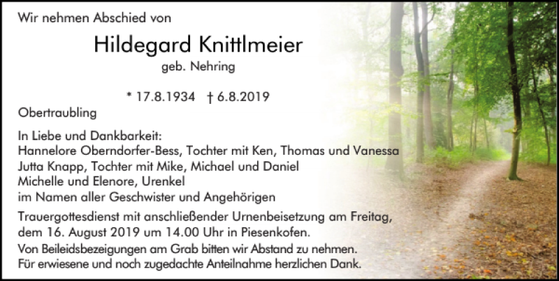  Traueranzeige für Hildegard Knittlmeier vom 10.08.2019 aus Mittelbayerische Zeitung Regensburg
