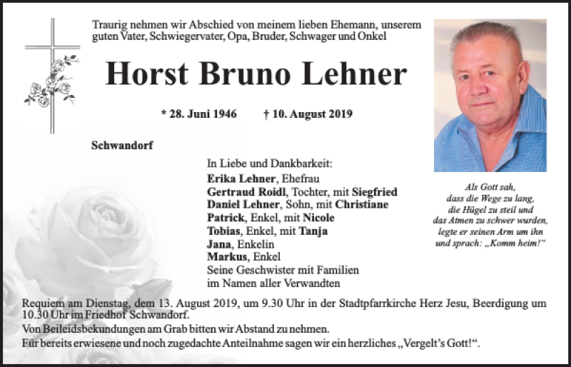  Traueranzeige für Horst Bruno Lehner vom 12.08.2019 aus Mittelbayerische Zeitung Schwandorf