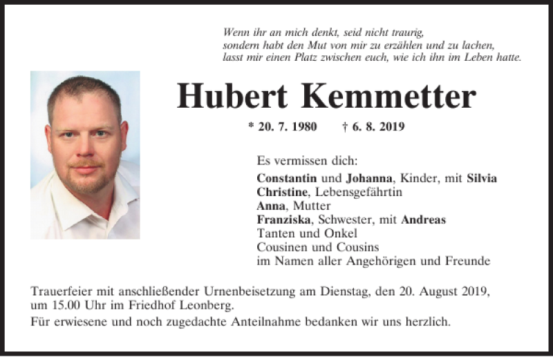  Traueranzeige für Hubert Kemmetter vom 14.08.2019 aus Mittelbayerische Zeitung Schwandorf