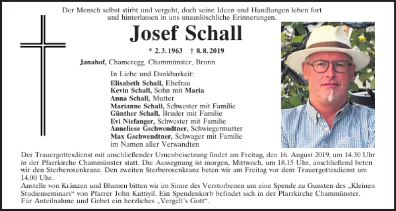  Traueranzeige für Josef Schall vom 13.08.2019 aus Bayerwald Echo