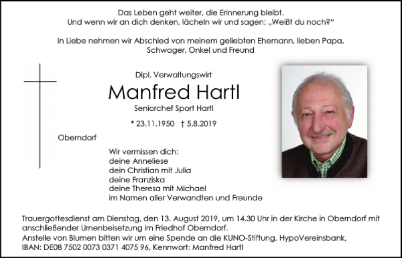  Traueranzeige für Manfred Hartl vom 10.08.2019 aus Mittelbayerische Zeitung Regensburg