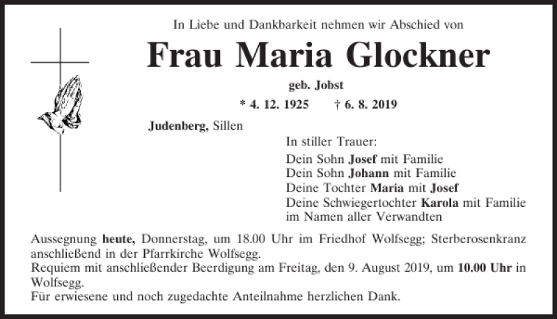 Traueranzeige für Maria Glockner vom 08.08.2019 aus Mittelbayerische Zeitung Schwandorf