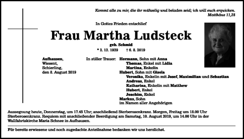  Traueranzeige für Martha Ludsteck vom 08.08.2019 aus Mittelbayerische Zeitung Regensburg