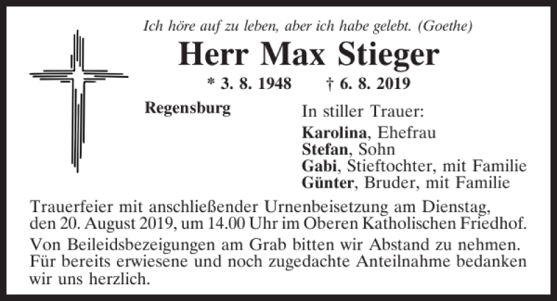  Traueranzeige für Max Stieger vom 17.08.2019 aus Mittelbayerische Zeitung Regensburg