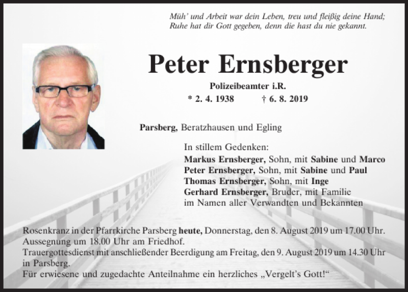  Traueranzeige für Peter Ernsberger vom 08.08.2019 aus Mittelbayerische Zeitung Regensburg