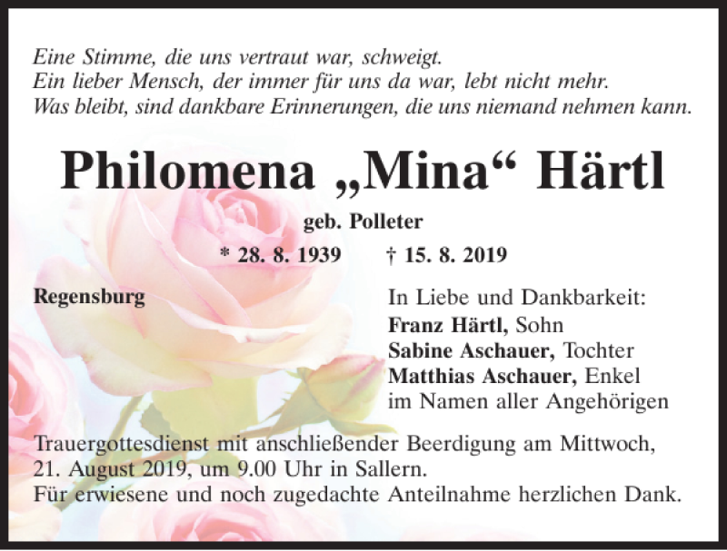  Traueranzeige für Philomena Härtl vom 17.08.2019 aus Mittelbayerische Zeitung Regensburg