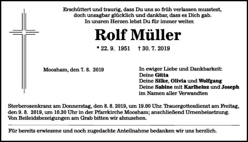  Traueranzeige für Rolf Müller vom 07.08.2019 aus Mittelbayerische Zeitung Regensburg