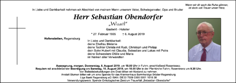  Traueranzeige für Sebastian Obendorfer vom 07.08.2019 aus Mittelbayerische Zeitung Gesamtausgabe