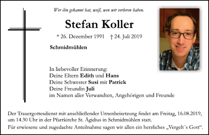  Traueranzeige für Stefan Koller vom 14.08.2019 aus Mittelbayerische Zeitung Schwandorf