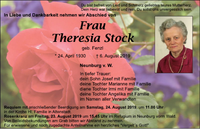  Traueranzeige für Theresia Stock vom 17.08.2019 aus Mittelbayerische Zeitung Schwandorf
