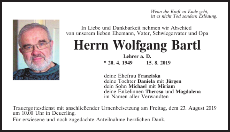  Traueranzeige für Wolfgang Bartl vom 21.08.2019 aus Mittelbayerische Zeitung Regensburg