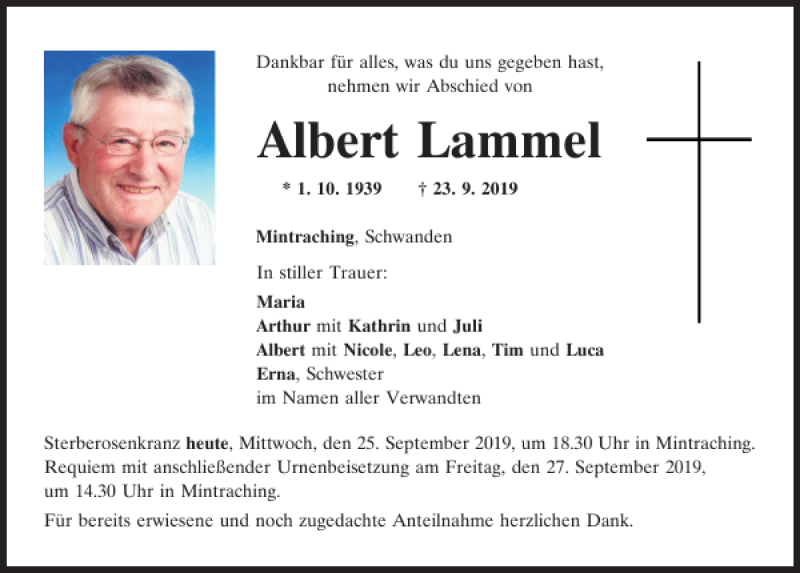  Traueranzeige für Albert Lammel vom 25.09.2019 aus Mittelbayerische Zeitung Regensburg