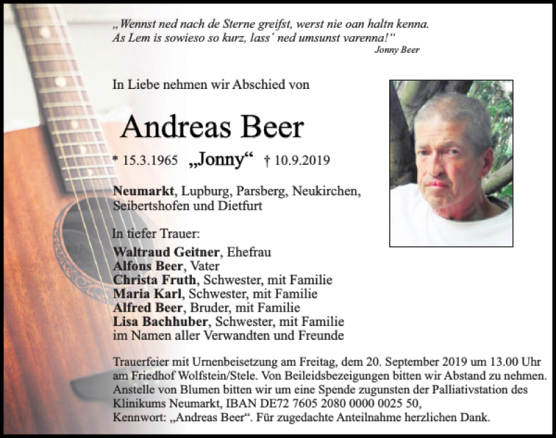  Traueranzeige für Andreas Beer vom 17.09.2019 aus Neumarkter Tagblatt